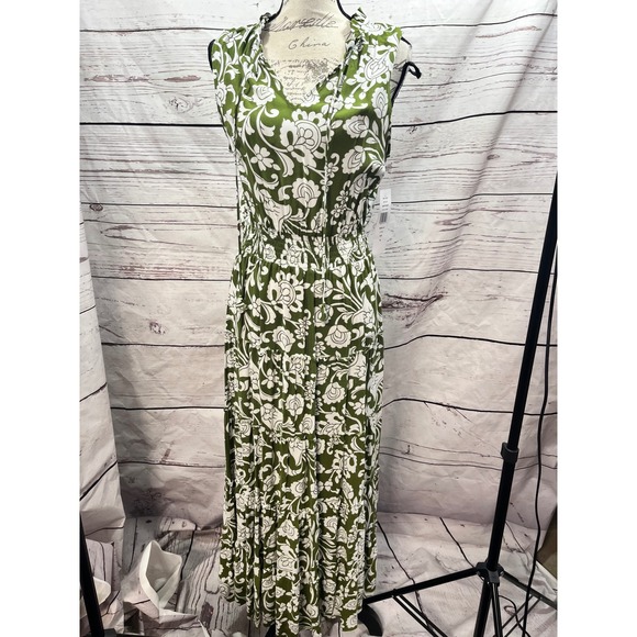 MSK Dresses & Skirts - MSK Womens Pesto Green Floral Paisley Tiered Maxi Dress Smocked Waist Size M NEW